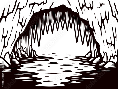 Scenic view of a serene water filled cave with stalactites and rocky formations