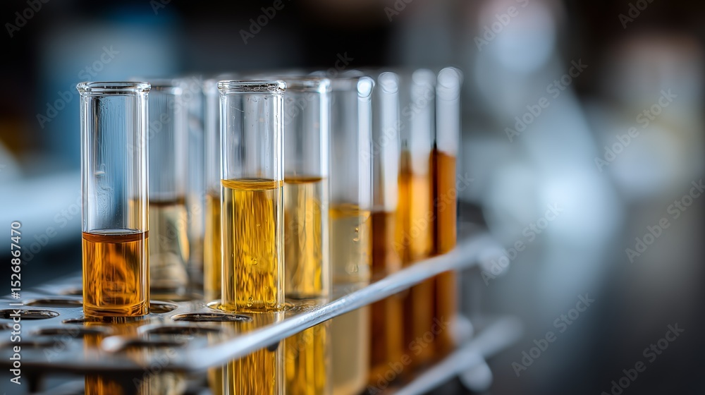 Close-up of several test tubes with amber liquid in a laboratory, highlighting scientific research and experimentation. Close-up of several test tubes with amber liquid in a laboratory, highlighting scientific research and experimentation.