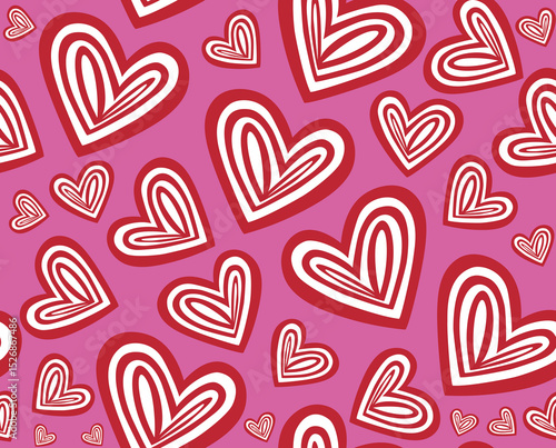 Beautiful hand drawn decorative Valentine vector seamless pattern with red hearts