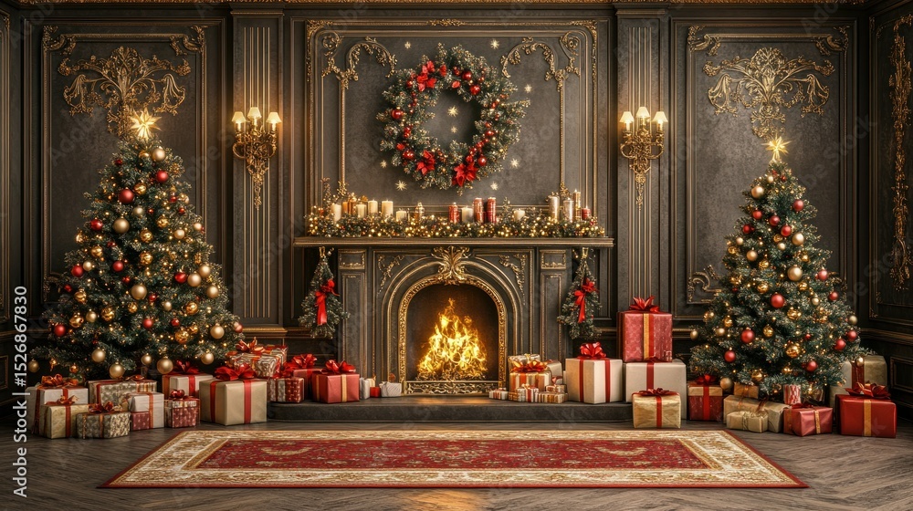 Ornate Christmas room with fireplace and trees Ornate Christmas room with fireplace and trees