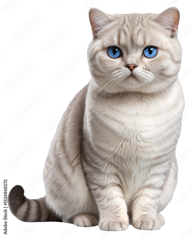 Fototapeta premium A white tabby cat with blue eyes is sitting on a transparent background
