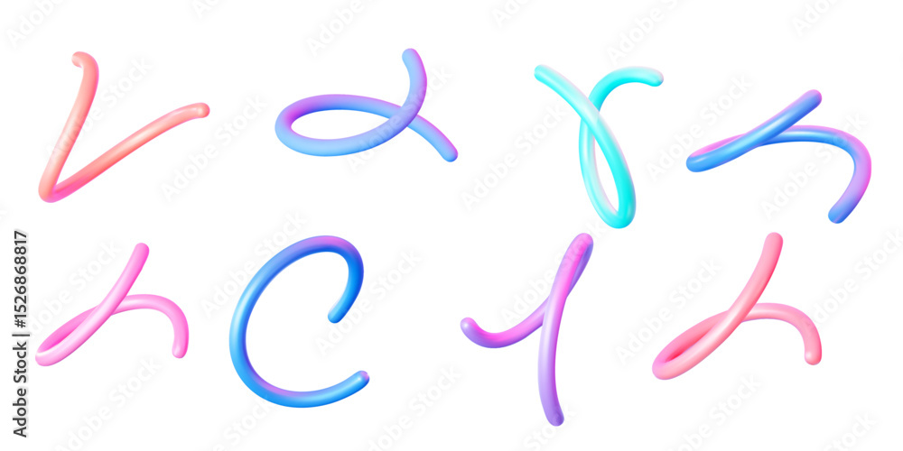 3D illustration of vibrant abstract twists and ribbon shapes in gradient colors. Decorative elements for web design and creative projects. Vector illustration.