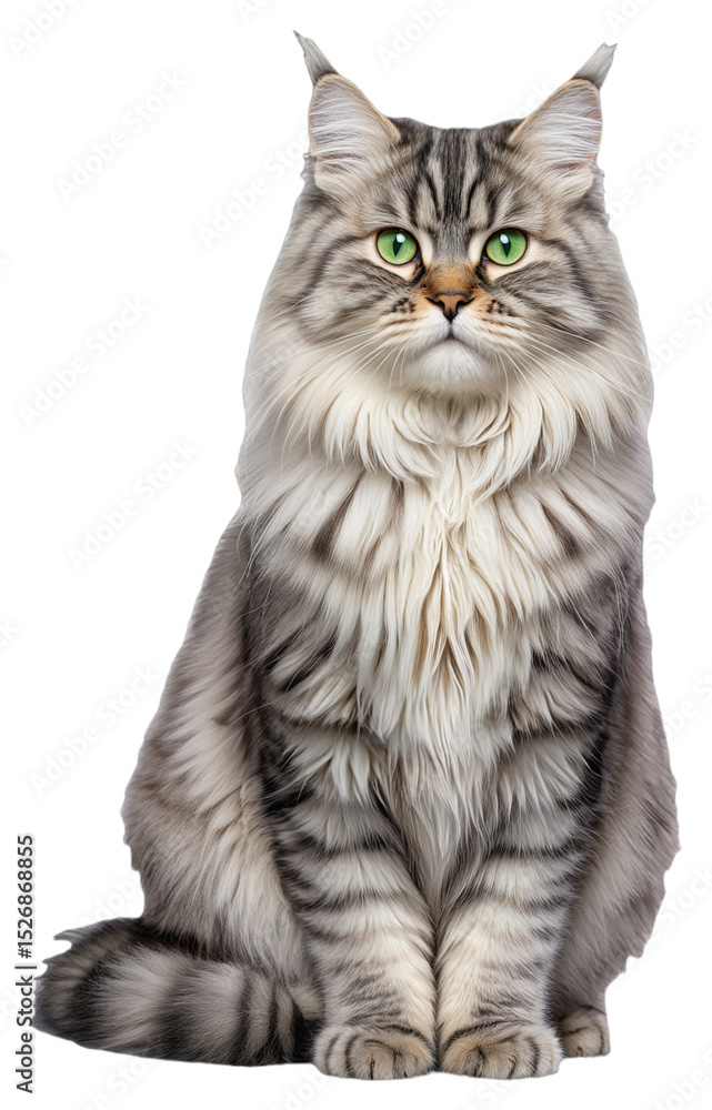 Obraz premium A gray fluffy tabby cat with green eyes sits on a transparent background