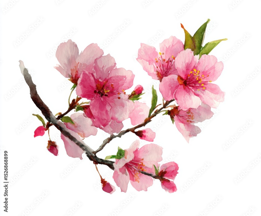 Obraz premium Watercolor Peach Blossom Branch Illustration - Delicate Pink Flowers and Buds on a Branch, Isolated on White Background