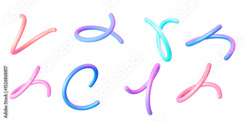 3D illustration of vibrant abstract twists and ribbon shapes in gradient colors. Decorative elements for web design and creative projects. Vector illustration.