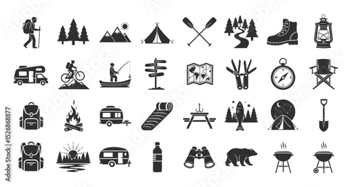 Explore the Great Outdoors: Essential Camping and Hiking Gear Icons for Your Next Adventure Illustration Set