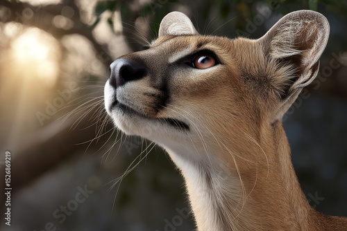 Close-up portrait of a majestic fossa in sunlit forest environment