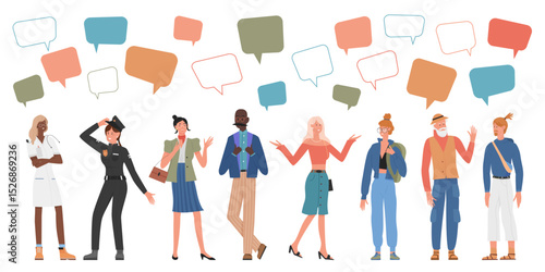 People of different age or professions talk vector illustration set. Cartoon professional man woman character talking with message bubbles above head, businessman police doctor isolated on white