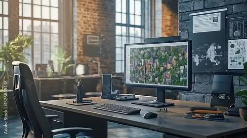 Wallpaper Mural Modern Industrial Office Workspace with Computer Display and Brick Wall Interior Torontodigital.ca