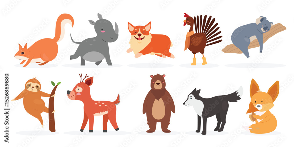Obraz premium Cute wild furry animal, farm bird and pet vector illustration set. Cartoon rhino squirrel corgi dog rooster deer bear fox wolf sloth koala, baby funny animal character collection isolated on white