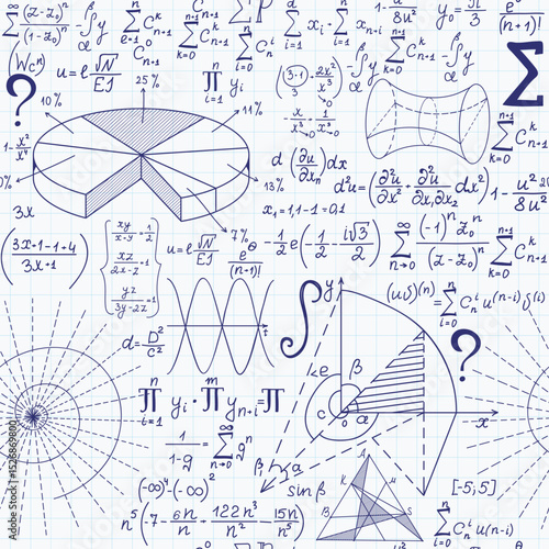 Math vector seamless pattern with handwritten scientific formulas, figures and calculations handwritten on copybook paper