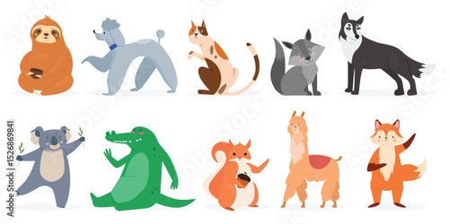 Cute animals, wildlife vector illustration set. Cartoon wild funny animal and domestic pet characters collection with forest sloth fox koala squirrel llama crocodile, dog and cat pet isolated on white