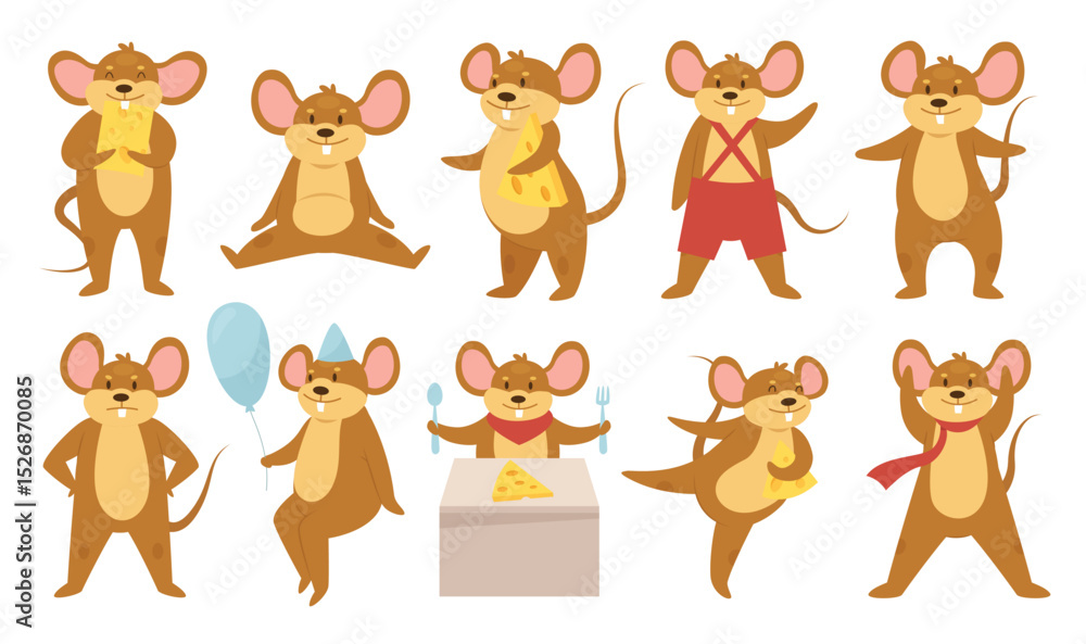 Fototapeta premium Cute mouse animals vector illustration set. Cartoon funny mouse or rat characters eat cheese at birthday happy party with balloon, dance or sit in different poses, mice collection isolated on white