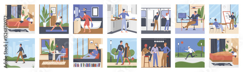 Young man daily lifestyle routine vector illustration set. Cartoon everyday life scenes of male character doing sports exercises in morning, drinking coffee, traveling to work, resting with friends