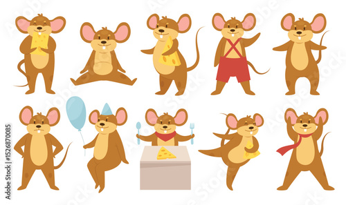 Cute mouse animals vector illustration set. Cartoon funny mouse or rat characters eat cheese at birthday happy party with balloon, dance or sit in different poses, mice collection isolated on white