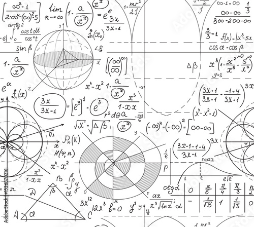 Mathematical vector seamless pattern with handwritten mathematical and physics formulas, equations and figures on  white copybook paper