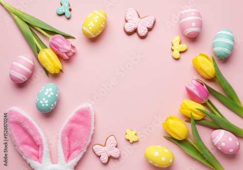Pastel easter eggs and tulips surround pink bunny ears and butterfly cookies on a pink background