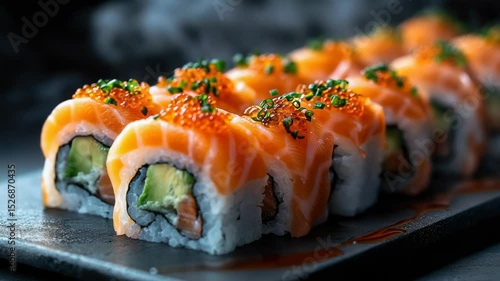 Delicious salmon sushi rolls served with fresh toppings in a stylish restaurant setting