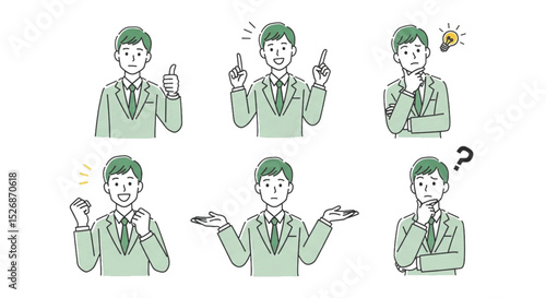 Different Poses of a Young Man Showing Thoughtful Thinking with Question Mark and Happy Idea Pose Illustration Vector