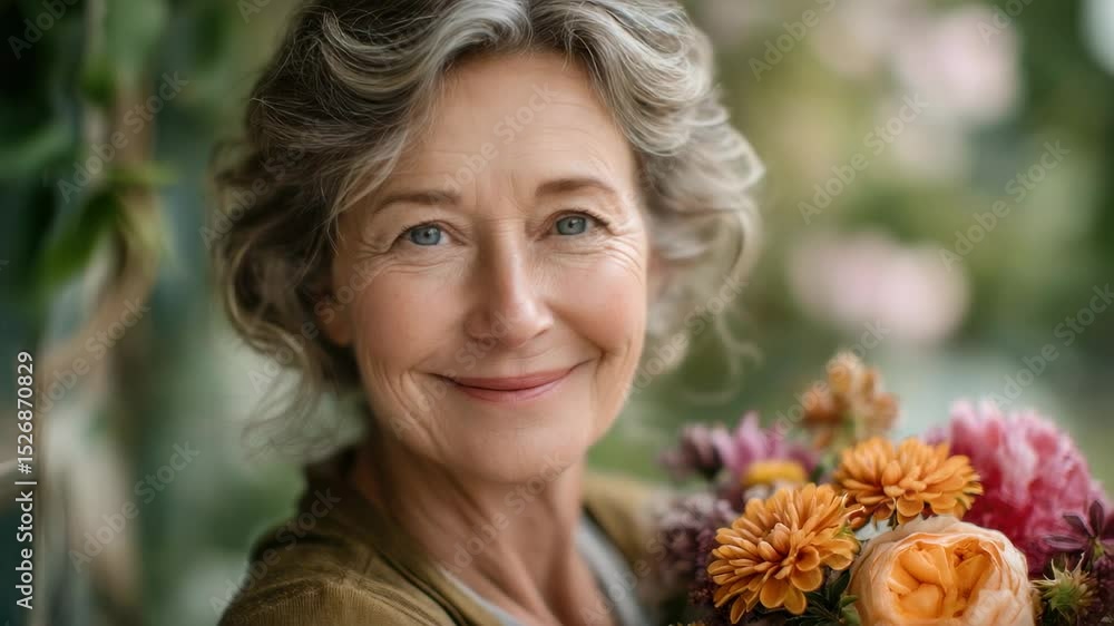 Smiling woman holding vibrant flowers in a sunny garden while enjoying the beauty of nature during the afternoon Smiling woman holding vibrant flowers in a sunny garden while enjoying the beauty of nature during the afternoon