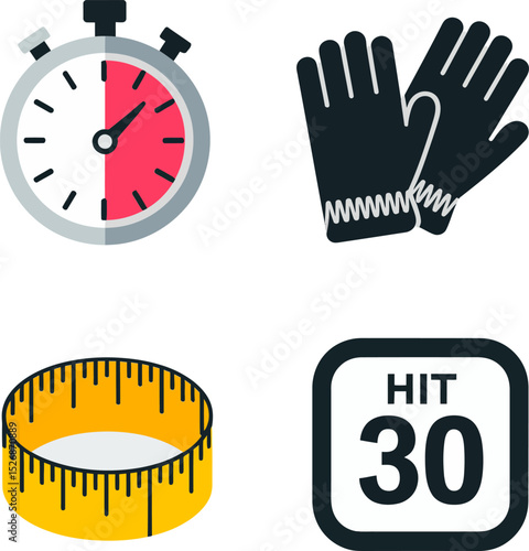 Gym schedule and measurement icons. Workout timer, gym gloves, measuring tape, and HIIT countdown visuals  