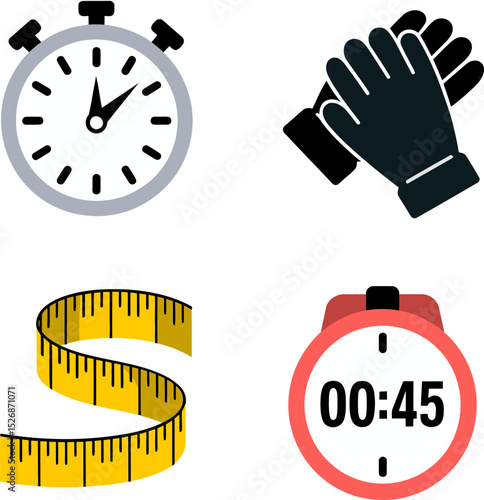 Training tools icon set. Stopwatch, fitness gloves, interval timer, and yellow tape for strength measurement  