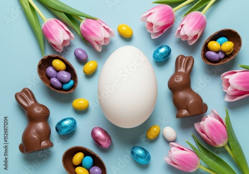 Pastel pink tulips and chocolate bunnies surround a large white egg nestled amongst colorful candy eggs on a light blue background