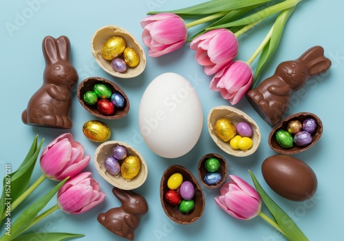 Pastel pink tulips and chocolate easter bunnies surround a large white egg and nests of colorful foilwrapped candies on a light blue background