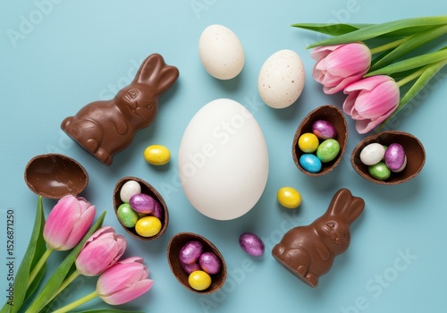 Pastel pink tulips and chocolate easter bunnies surround a large white egg and nests of colorful candy eggs on a light blue background