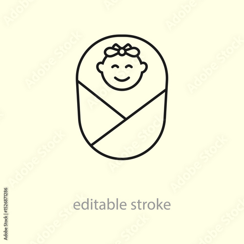 Sleeping baby girl icon. Swaddled newborn. Happy baby girl in a swaddle. Happy newborn face. Motherhood and childcare. Vector