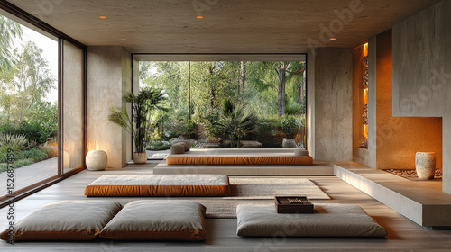 Minimalist zen interior with floor cushions, natural light, large windows, and a peaceful garden view designed for meditation and relaxation.

