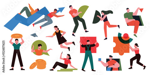 People collect, carry abstract geometric shapes vector illustration set. Cartoon woman man characters holding circular figures to organize diagram chart, modern geometry organization isolated on white