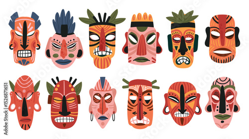Tribal african wooden totem mask vector illustration set. Cartoon tiki mask, aborigine face wooden ethnic art sculpture, ritual tribe symbols, ethno indigenous folk culture of Africa isolated on white