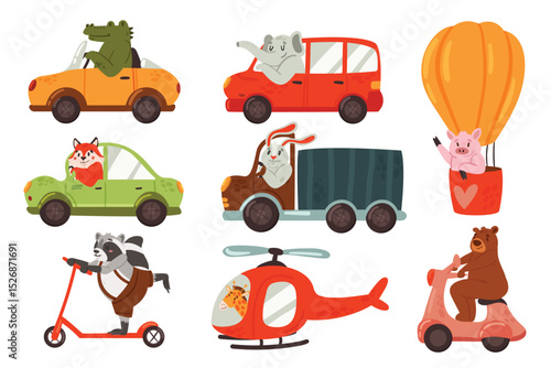 Animals drive car vehicle transport vector illustration set. Cartoon funny drivers bunny rabbit crocodile elephant fox raccoon giraffe bear character driving, cute pig flying balloon isolated on white