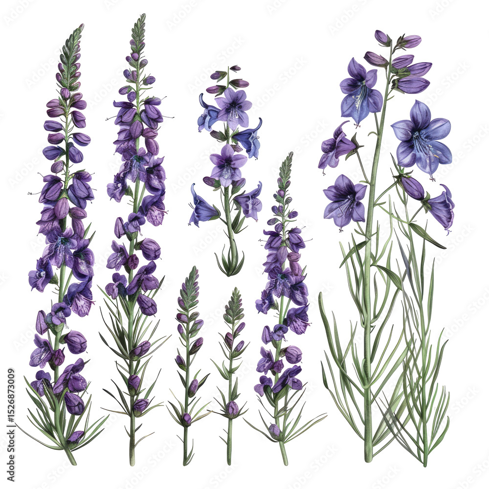 Fototapeta premium Watercolor Illustration Of Penstemon Flowers On A White Background. Botanical Illustration Of Wildflowers.