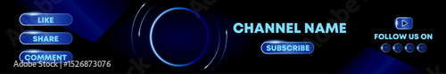 Modern Glowing Blue YouTube Channel Banner Design with Buttons for Like, Share, Comment, and Subscribe