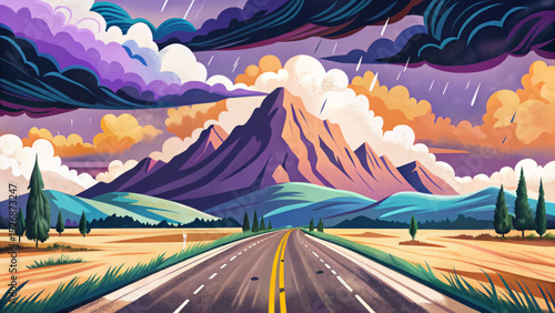 Vector illustration of a lonely mountain road beneath stormy clouds ideal for dramatic travel scenes, solitude, moody landscapes, and emotional storytelling visuals