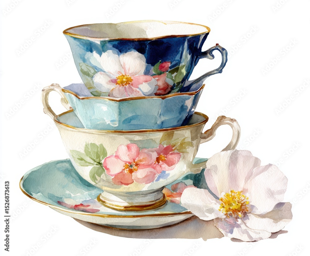 custom made wallpaper toronto digitalWatercolor Tea Cups with Floral Design - Stacked Vintage China Illustration for Tea Party Invitations and Elegant Decor (Isolated on White)