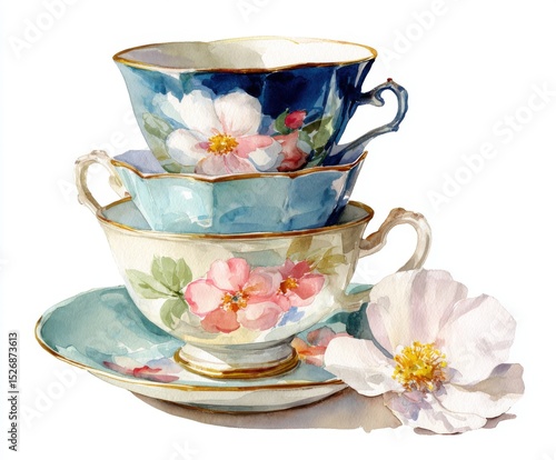 Watercolor Tea Cups with Floral Design - Stacked Vintage China Illustration for Tea Party Invitations and Elegant Decor (Isolated on White)