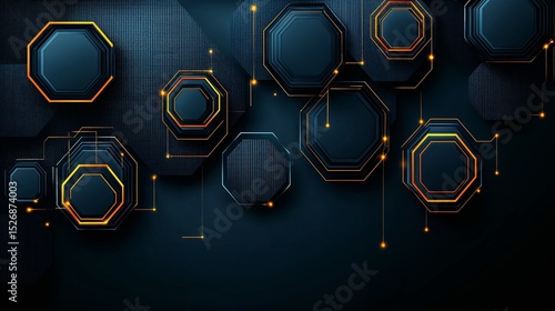Abstract futuristic technology background with dark octagons and golden glowing circuit board lines