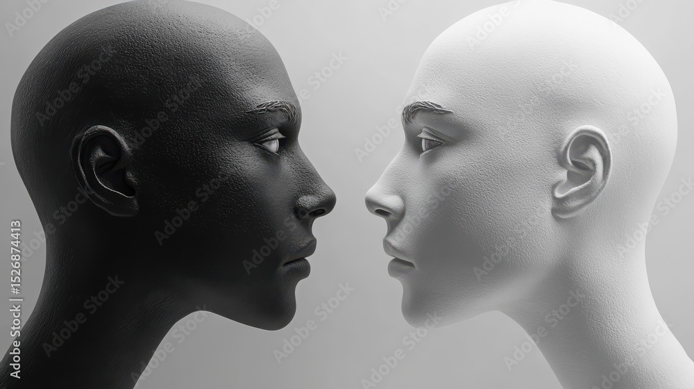 Black and white heads in confrontation. Represents duality in psychological processing. Black and white heads in confrontation. Represents duality in psychological processing.