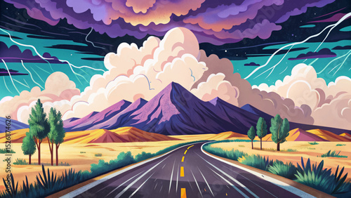 Vector illustration of a lonely mountain road beneath stormy clouds ideal for dramatic travel scenes, solitude, moody landscapes, and emotional storytelling visuals