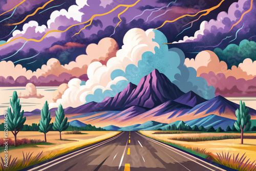 Vector illustration of a lonely mountain road beneath stormy clouds ideal for dramatic travel scenes, solitude, moody landscapes, and emotional storytelling visuals