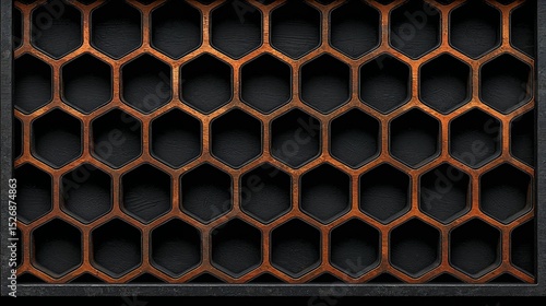 Industrial background of a vintage honeycomb grille made from aged copper or bronze metal