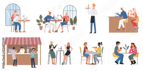 People eat food, drink coffee vector illustration set. Cartoon couple or friends characters eating together, sitting at restaurant bar cafe, waiter holding tray with wine bottle isolated on white