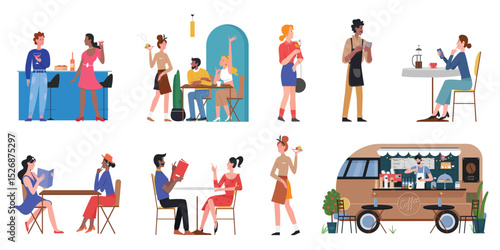People eat food in cafe restaurant bar street market vector illustration set. Cartoon man woman characters waiting for waiter with food tray, holding wine glass, menu to order dish isolated on white
