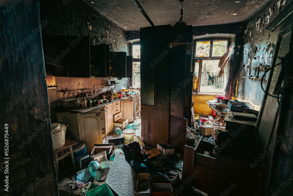 Naklejka premium Dark, moody kitchen in an abandoned house, filled with scattered and dusty objects. A chaotic scene frozen in time and decay.