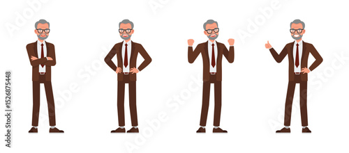 Senior businessman wear brown suit and eyeglasses character set. Men express positive emotions happiness. Vector illustration flat design.