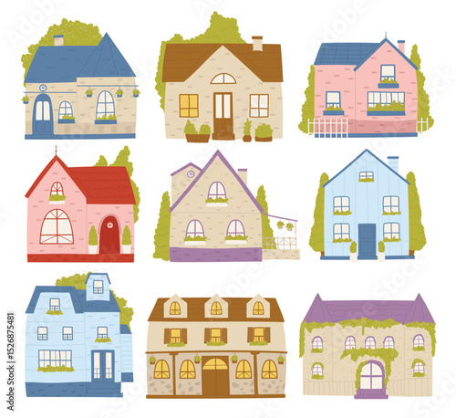 Town houses, neighborhood residence cartoon buildings vector illustration set. Cartoon cute colourful cottage cabin houses collection, residential architecture diversity for neighbors isolated