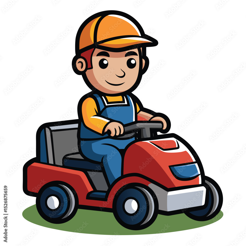 Adorable Cartoon Gardener Operating a Lawn Mower A Fun Illustration Adorable Cartoon Gardener Operating a Lawn Mower A Fun Illustration